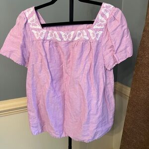 Talbots Lavender Butterfly Embroidered large linen blend‎ Women's Top